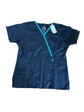 Health Pro Flex Scrub Top Womens Med Navy Blue V-Neck With Pockets